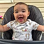 Amira joined the competition — help win amazing prizes! baby, child, smiling, happy, high_chair, onesie, winnie_the_pooh, tigger, piglet, eeyore, indoor, face, person, clothing, infant, cute, joyful, portrait, sitting, arms_outstretched