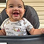 Amira is registered to the contest to win money with this photo: baby, child, smiling, onesie, winnie_the_pooh, high_chair, outdoor, happy, face, person, infant, cute, cheerful, seat, clothing, head, skin, tongue, expression, background
