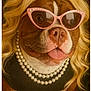 dog, pet, blonde_wig, sunglasses, pink_glasses, pearls, costume, tongue_out, playful, portrait, close_up, brown_and_white, cute, funny, fashion, accessories, indoor, animal, face, glamour