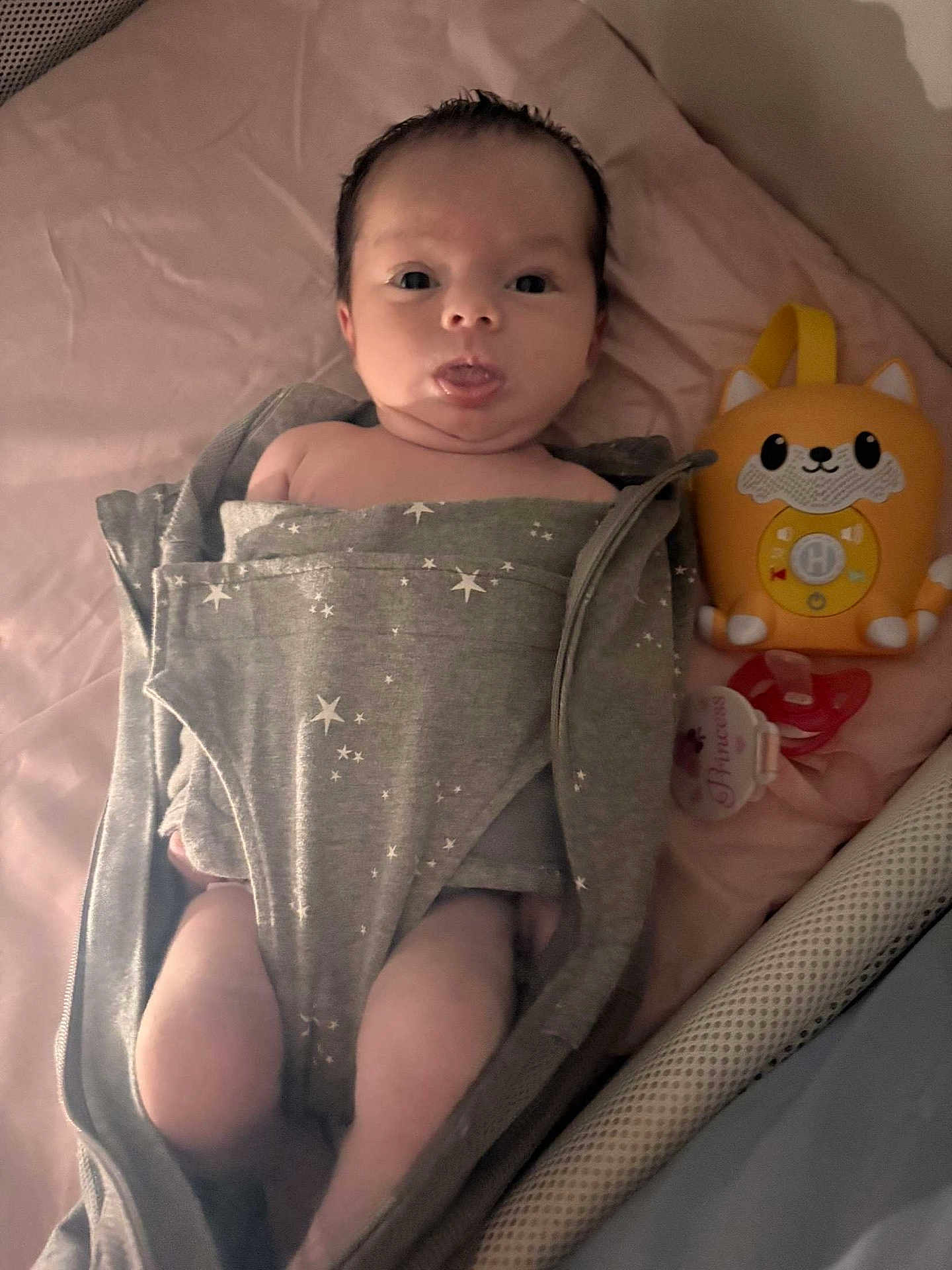 Elleigh is registered to the contest to win money with this photo: baby, infant, blanket, swaddle, face, tongue, toy, fox, pacifier, bed, pink, gray, sleeping_area, cute, child, newborn, lying_down, soft_lighting, indoor, person