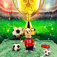 Benjamin is registered to the contest to win money with this photo: dog, soccer_ball, toy, trophy, medal, sports, green_carpet, stadium_backdrop, confetti, celebration, costume, red_shirt, miniature_trophy, gloves, rope_toy, pet, indoor, cute, champion, playful