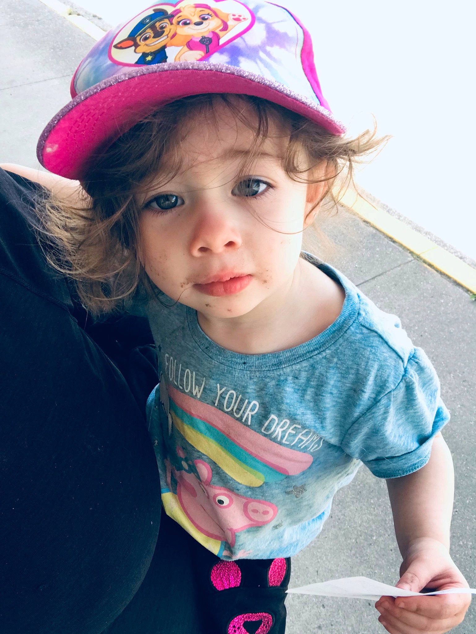 Annabelle is registered to the contest to win money with this photo: baby_toddler_clothing, baseball_cap, cap, child, electric_blue, fashion_accessory, fun, happy, hat, head, headwear, magenta, neck, pattern, person, photograph, pink, sleeve, summer, t_shirt