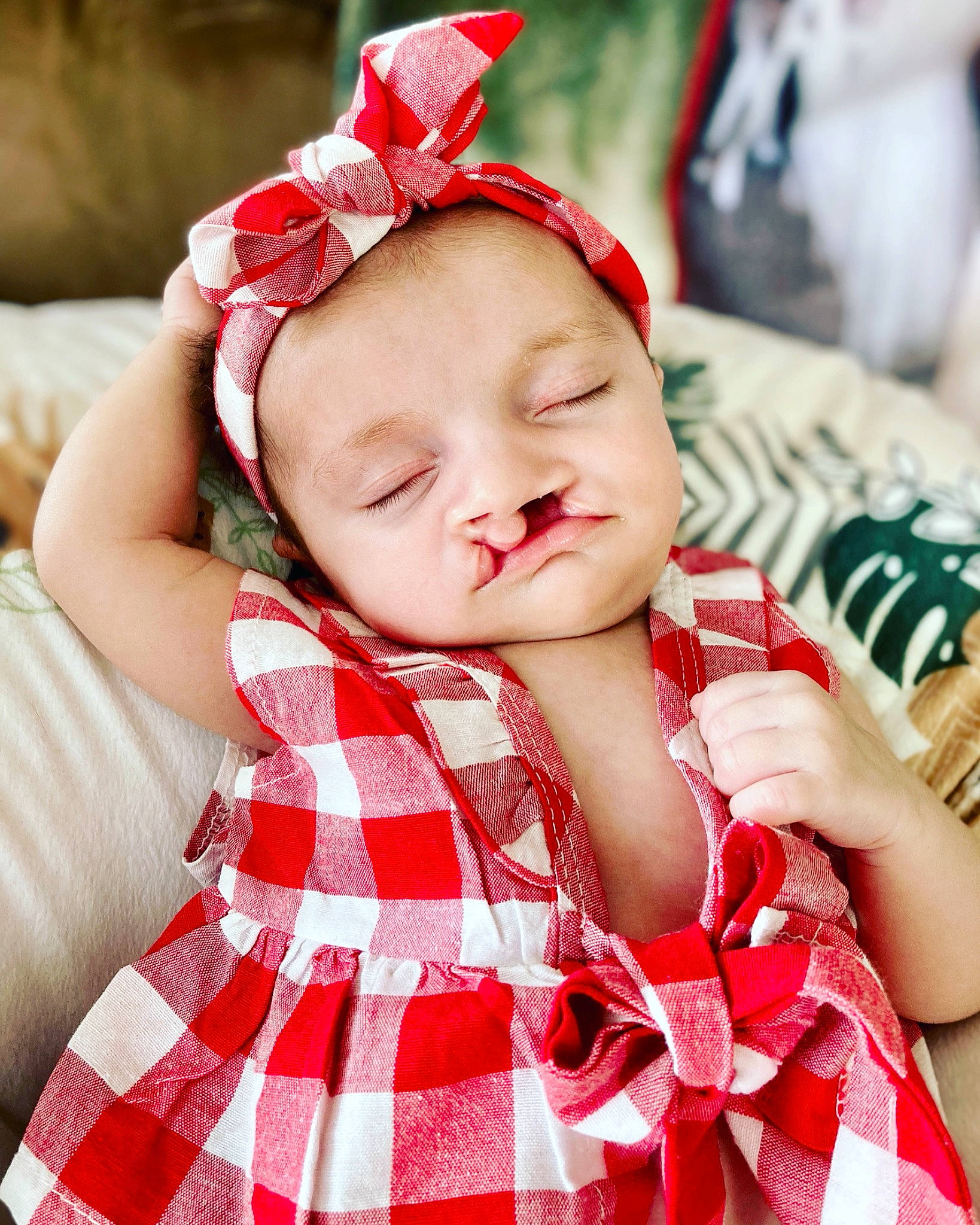 Myla Rose joined the competition — help win amazing prizes! baby, baby_toddler_clothing, collar, eye, eyelash, face, happy, head, lip, neck, pattern, person, plaid, red, skin, sleeve, smile, tartan, textile, toddler