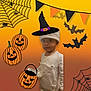 child, baby, pajamas, bottle, cat_design, witch_hat, halloween, pumpkins, jack_o_lanterns, bats, spider_web, spiders, orange_background, costume, holiday, cute, indoors, digital_stickers, fun, portrait