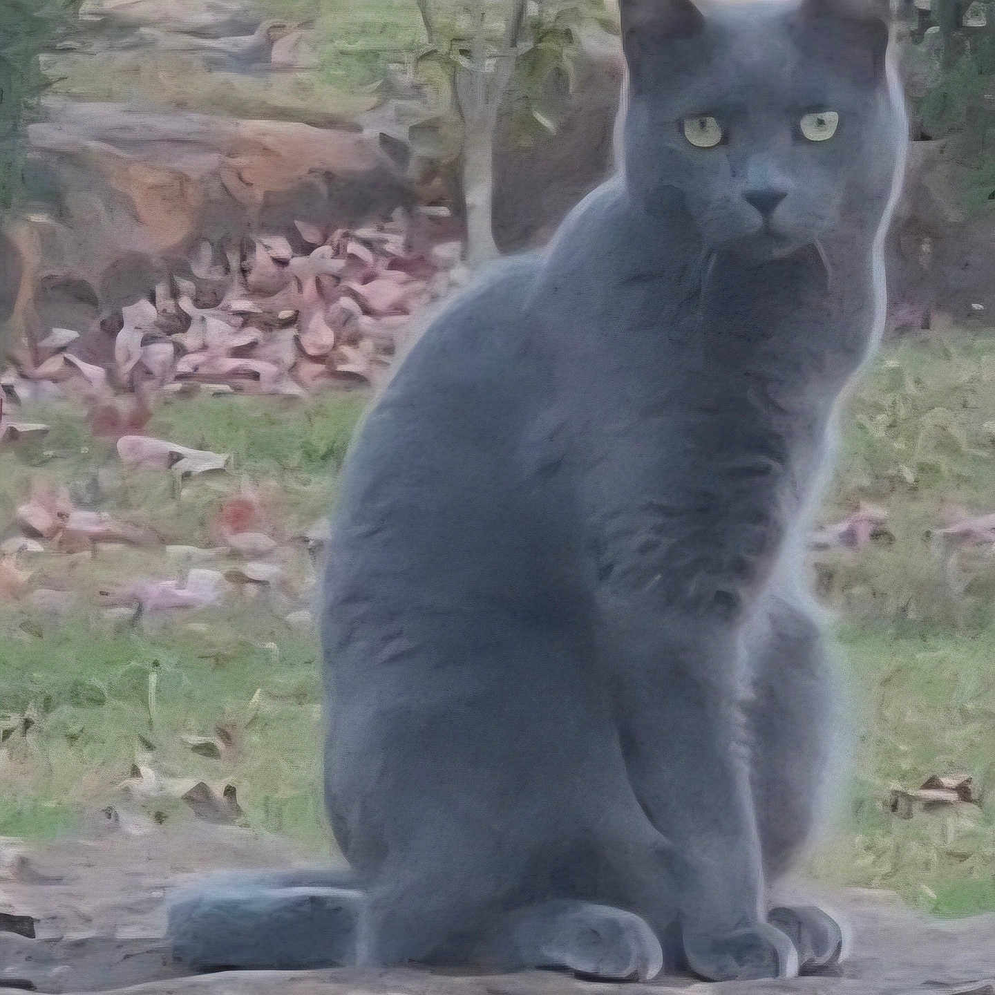 Luna joined the competition — help win amazing prizes! animal, background, calm, cat, ears, eyes, feline, fur, garden, grass, gray_cat, leaves, nature, outdoor, pet, portrait, sitting, stone, tree, whiskers