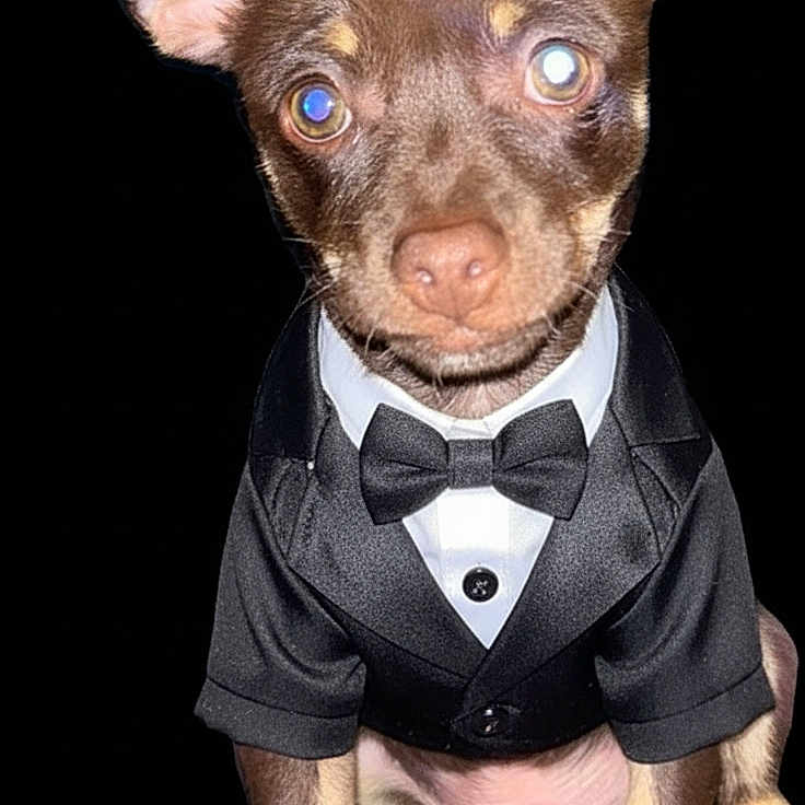 Braxton joined the competition — help win amazing prizes! adorable, animal_portrait, black_background, bow_tie, brown_coat, close_up, dog, eyes, flash, formal_clothing, large_ears, paws, pet, portrait, puppy, single_subject, sitting, small_dog, studio_style, tuxedo