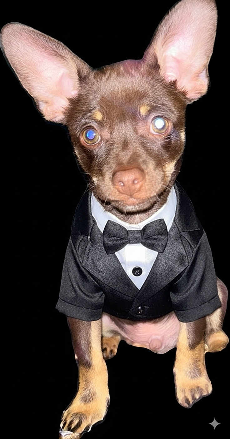 Braxton joined the competition — help win amazing prizes! dog, puppy, tuxedo, bow_tie, portrait, black_background, flash, large_ears, brown_coat, small_dog, close_up, eyes, paws, sitting, formal_clothing, pet, adorable, studio_style, single_subject, animal_portrait