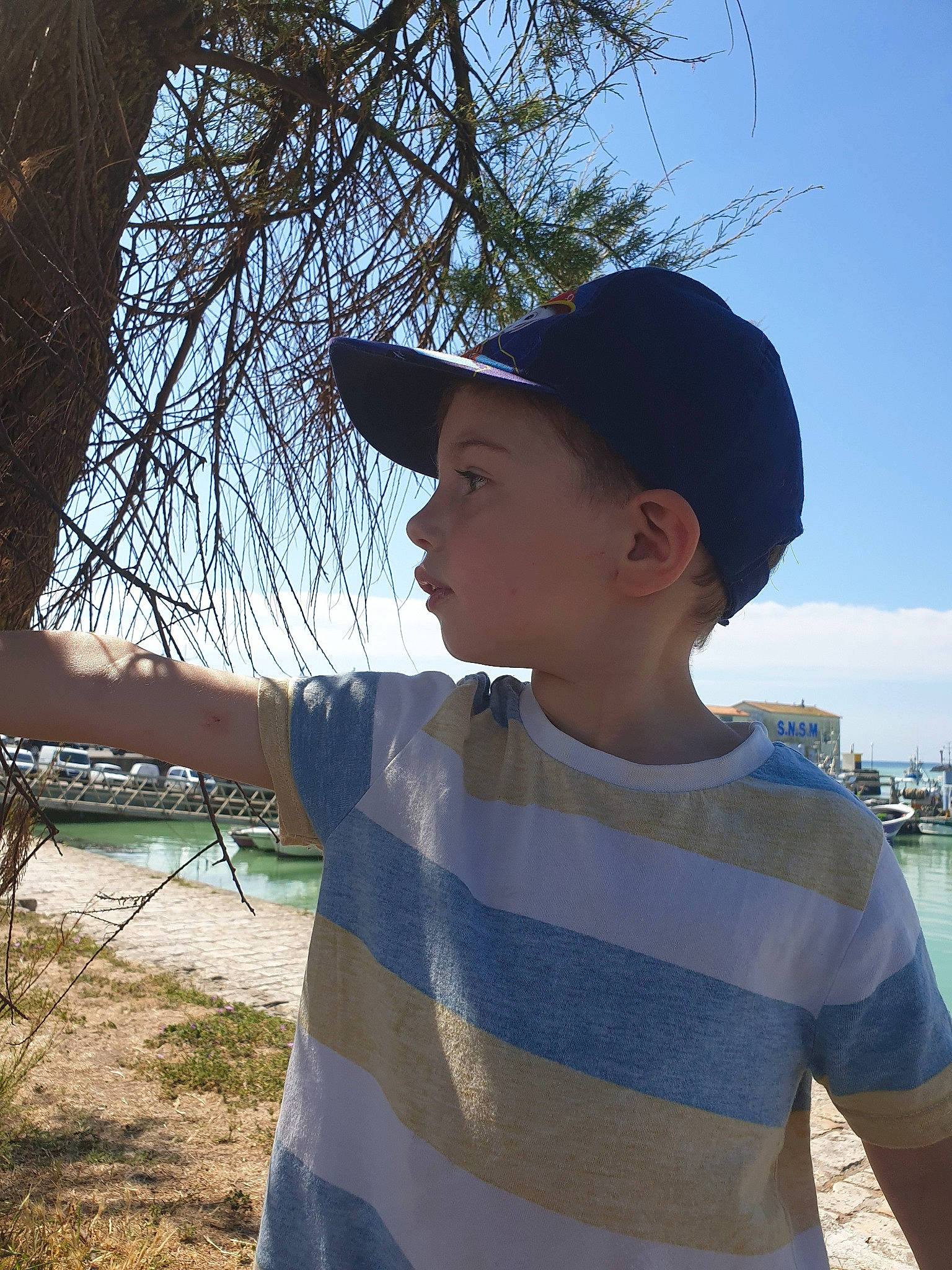 Ethan participe au concours pour gagner de l'argent avec cette photo : child, fashion_accessory, hat, headgear, neck, person, smile, summer, sun_hat, tree, vacation