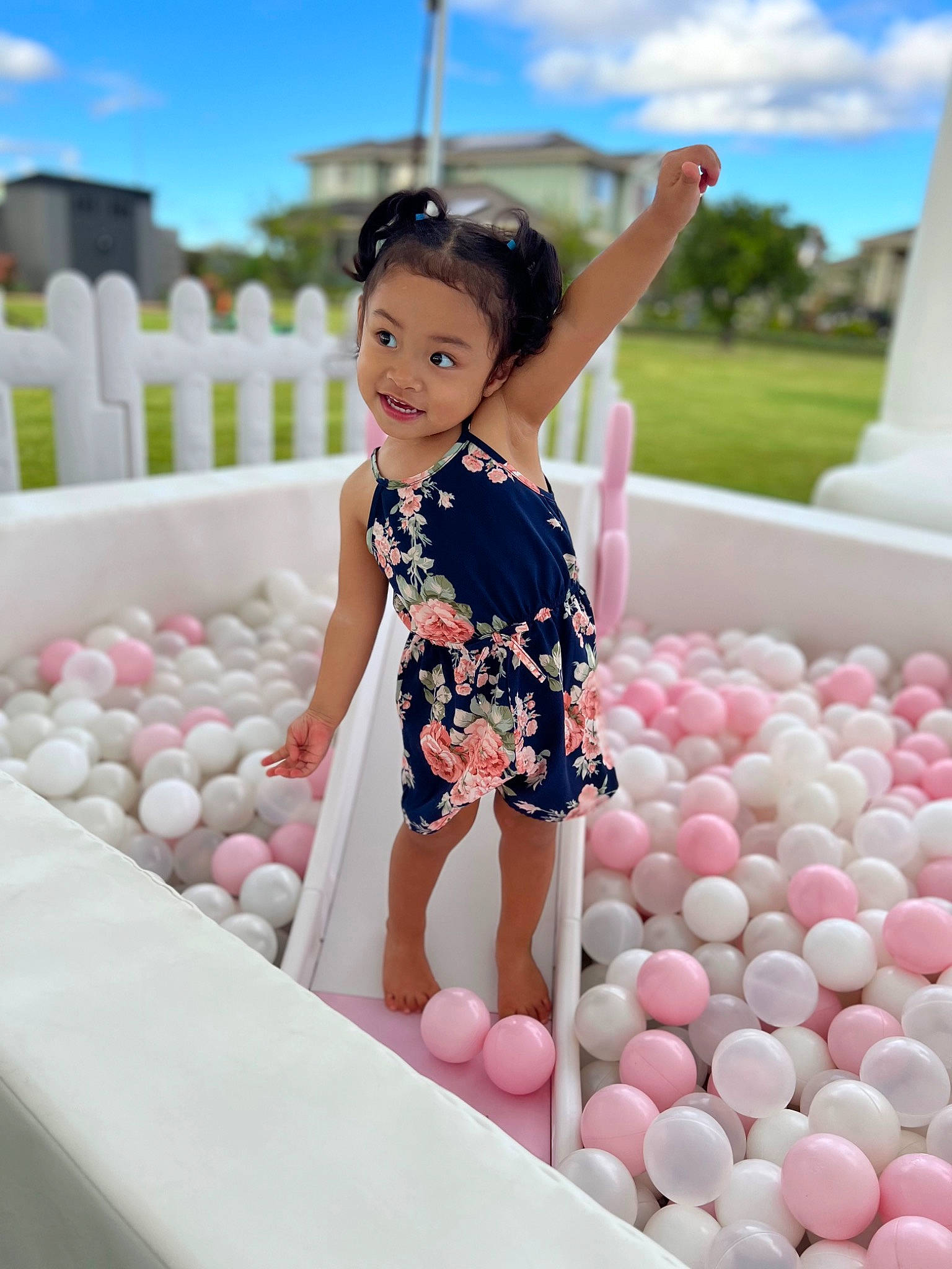 Kyla joined the competition — help win amazing prizes! balloon, child, cloud, dress, event, fun, grass, happy, joy, leisure, magenta, party_supply, pattern, people, person, pink, recreation, sky, spring, summer