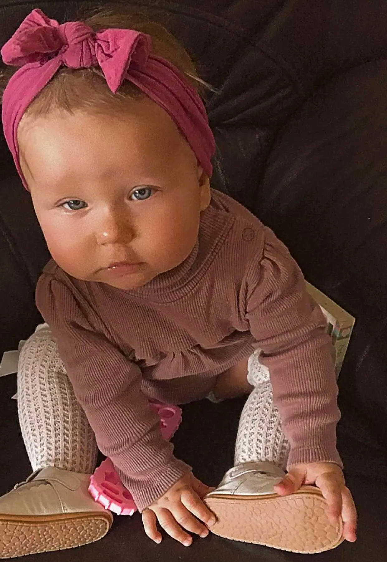 Bonnie joined the competition — help win amazing prizes! baby, baby_toddler_clothing, cheek, child, chin, crawling, dress, eye, facial_expression, fashion_accessory, flooring, head, headband, human_body, iris, lip, person, skin, sleeve, toddler