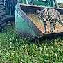 cat, tabby_cat, tractor, rust, green, grass, outdoor, nature, animal, pet, collar, clover, field, daylight, curious, metal, farm, vehicle, wildlife, closeup