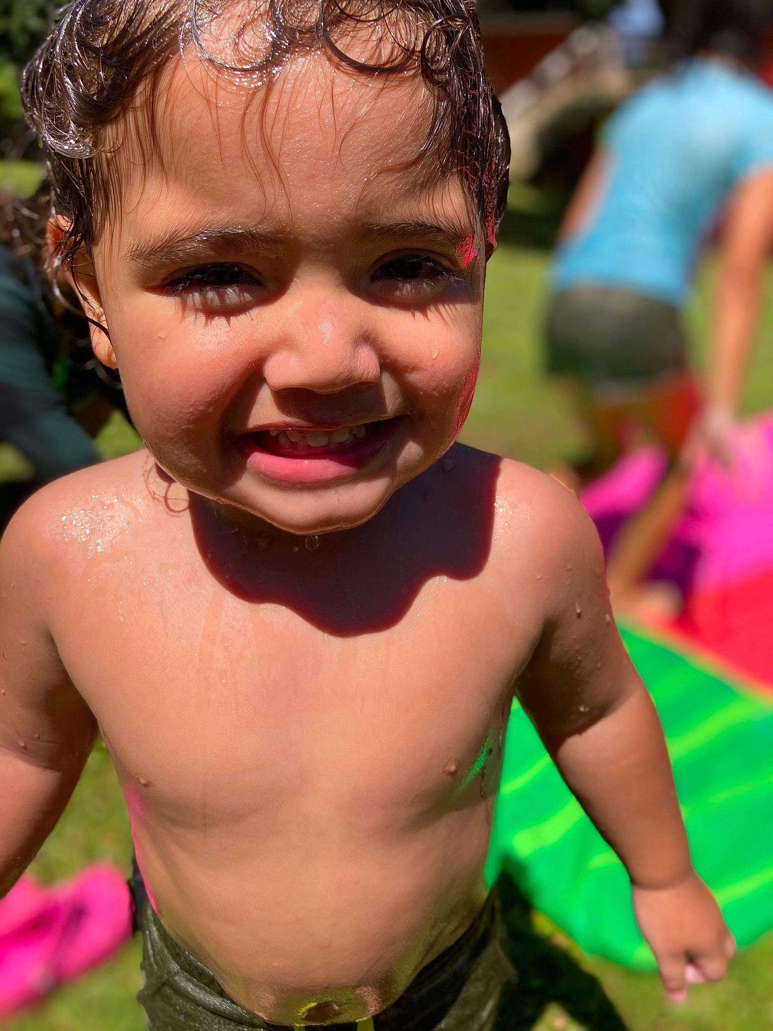 Makaio joined the competition — help win amazing prizes! barechested, cheek, chest, child, chin, event, fun, grass, happy, joy, leisure, mouth, muscle, neck, nose, people_in_nature, person, pink, recreation, summer