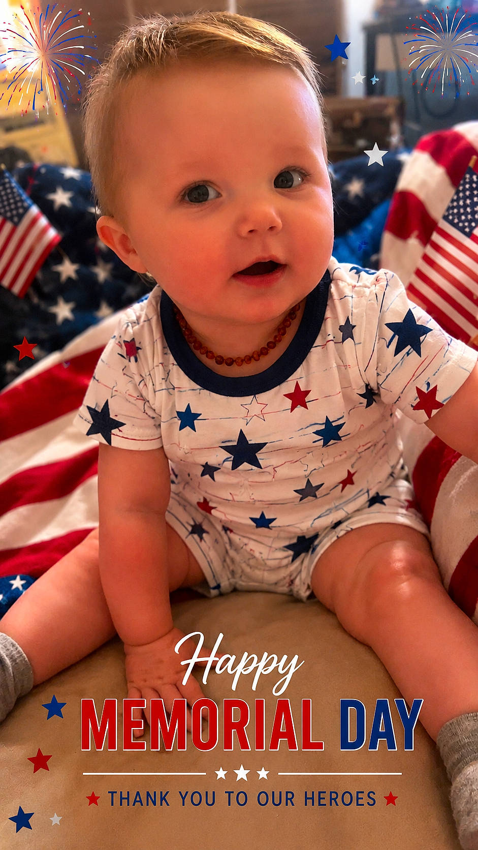 Jaxson joined the competition — help win amazing prizes! american_flag, baby, celebration, child, clothing, cute, face, festive, fireworks, happy, holiday, indoor, memorial_day, necklace, portrait, red_white_blue, sitting, smiling, sock, stars