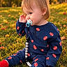 Jaxson is registered to the contest to win money with this photo: child, toddler, baby, portrait, outdoor, grass, park, autumn, sitting, pacifier, teether, blond_hair, blue_clothing, red_socks, long_sleeves, face, profile, nature, sunlight, playful