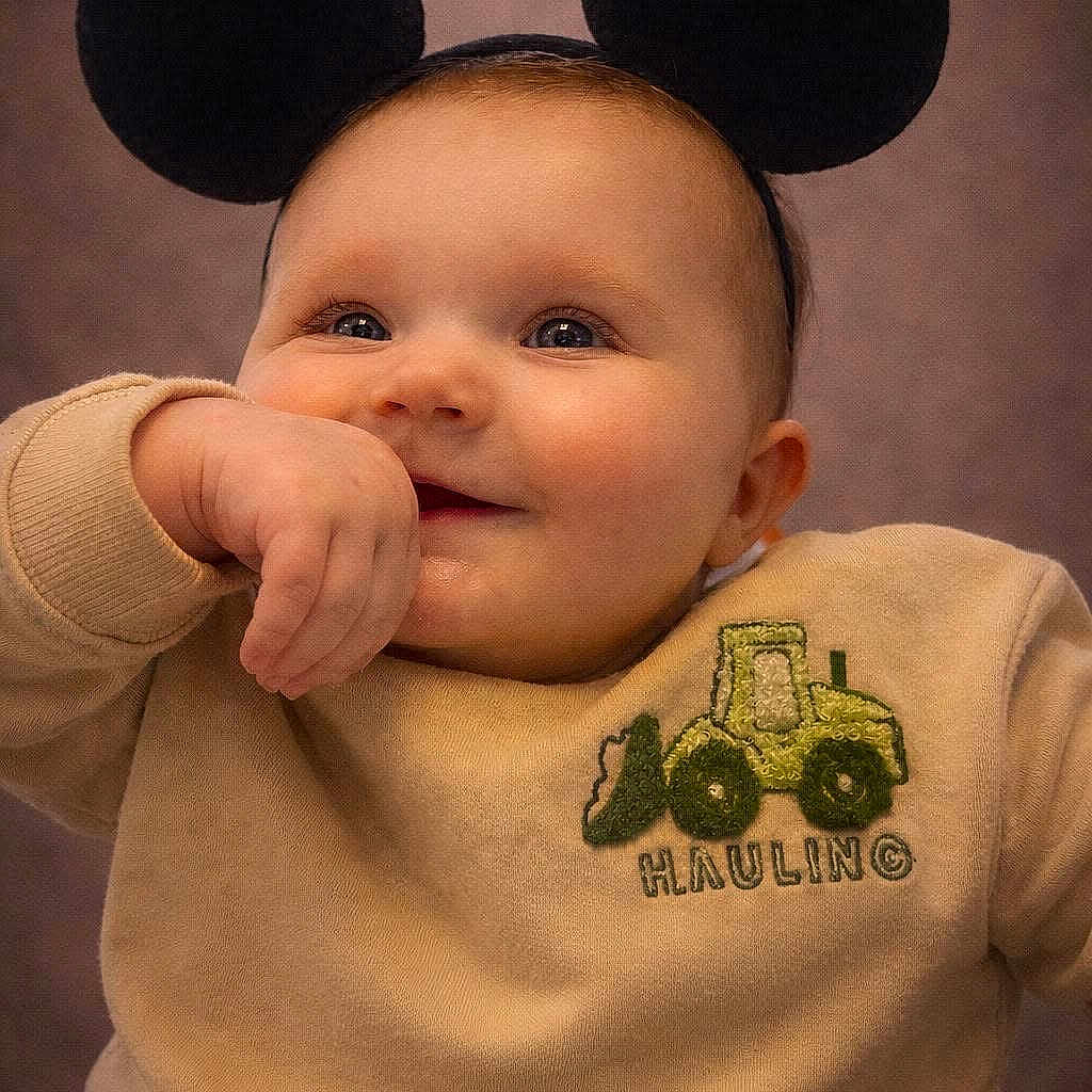 Jaxson is registered to the contest to win money with this photo: baby, child, cute, mouse_ears, sweater, green_tractor, hand, face, smile, portrait, indoor, soft_lighting, closeup, cheeks, curious, infant, clothing, headband, expression, young