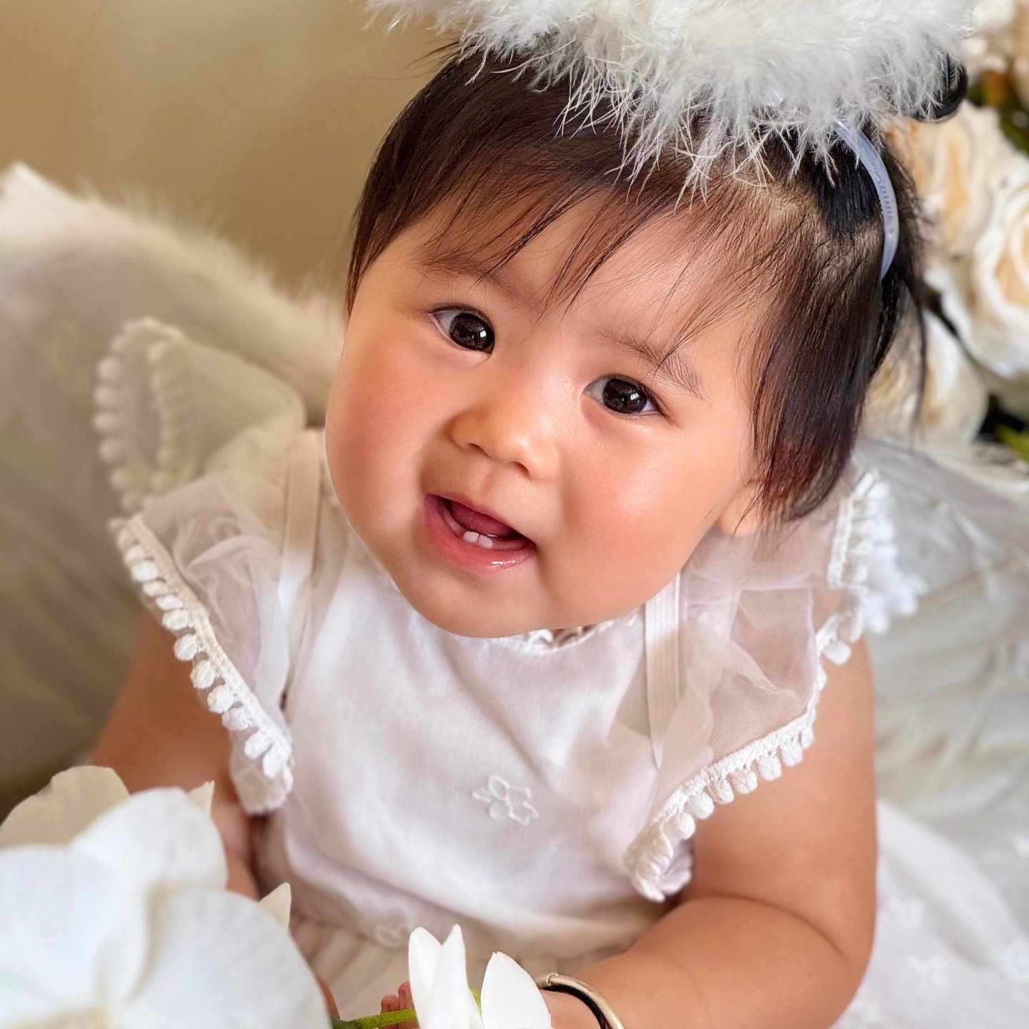 Misum Rai joined the competition — help win amazing prizes! adorable, angel, baby, celebration, child, closeup, costume, cute, flower, halo, happy, headband, indoors, infant, orchid, portrait, smiling, soft_light, white_dress, young_child