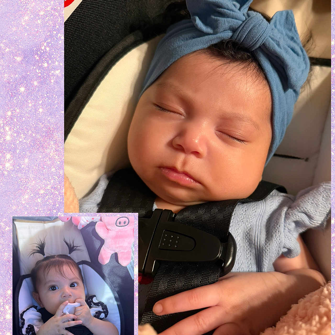 Xyena is registered to the contest to win money with this photo: baby, infant, child, sleeping, awake, portrait, close_up, blue_bow, headband, car_seat, seatbelt, blanket, pink_plush_toy, scrapbook, sparkles, collage, indoor, face, cute, photography