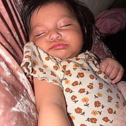 Xyena joined the competition — help win amazing prizes! baby, sleeping, infant, portrait, face, closed_eyes, dark_hair, floral_outfit, onesie, blanket, bedding, pink, cozy, indoors, lying_down, peaceful, hand, arm, soft_lighting, photography