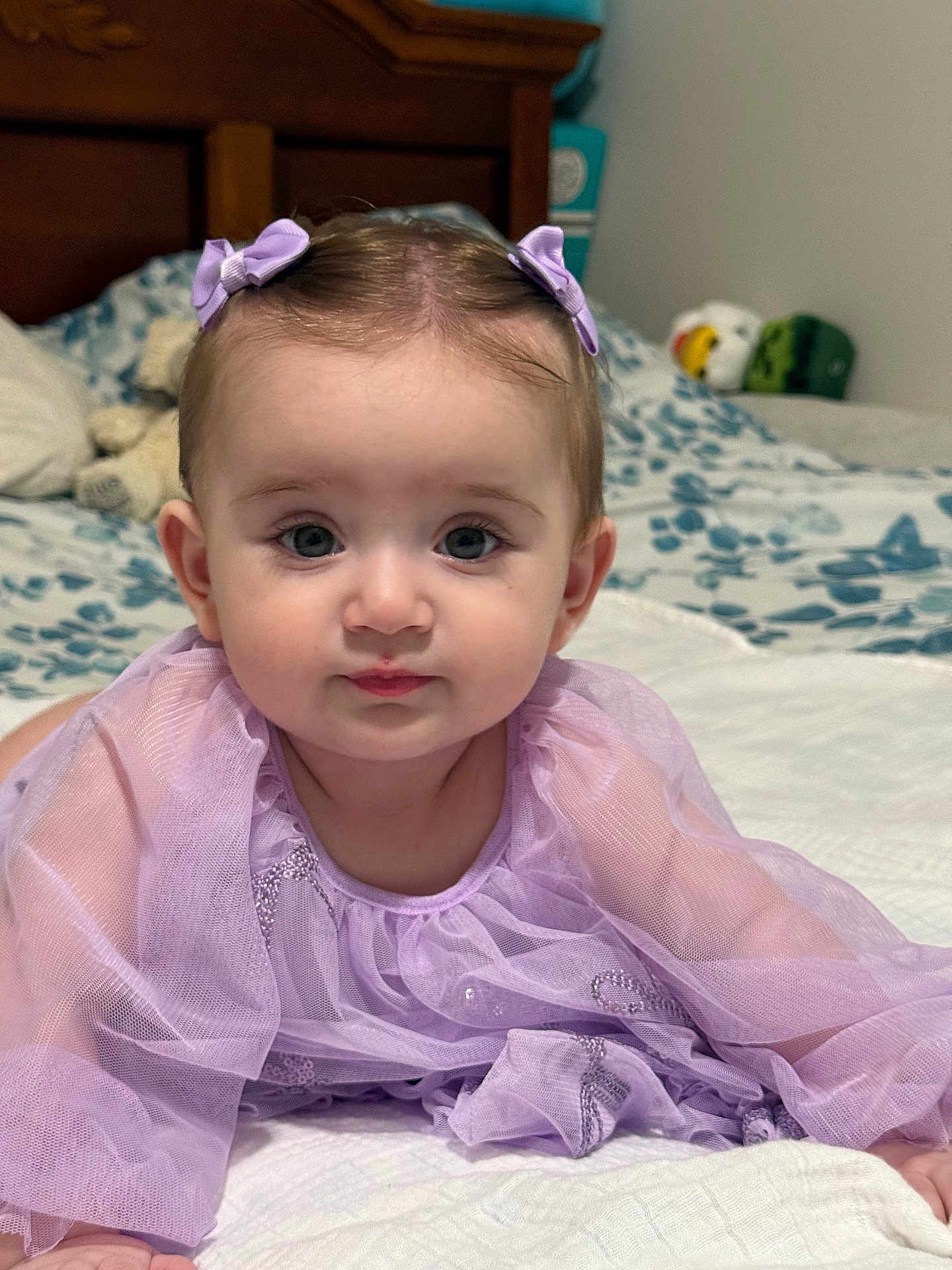 Ariana joined the competition — help win amazing prizes! baby, child, infant, purple_dress, bows, bed, blanket, wooden_headboard, plush_toys, indoor, portrait, face, eyes, cute, soft_lighting, curious, skin, hands, toddler, young_child