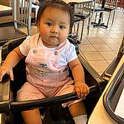 Ivanna joined the competition — help win amazing prizes! baby, bow, casual_dining, chair, child, curious_expression, cute, floor_tiles, food_court, high_chair, indoor, people, person, pink_overalls, pony_tail, restaurant, sitting, table, toddler, white_shirt