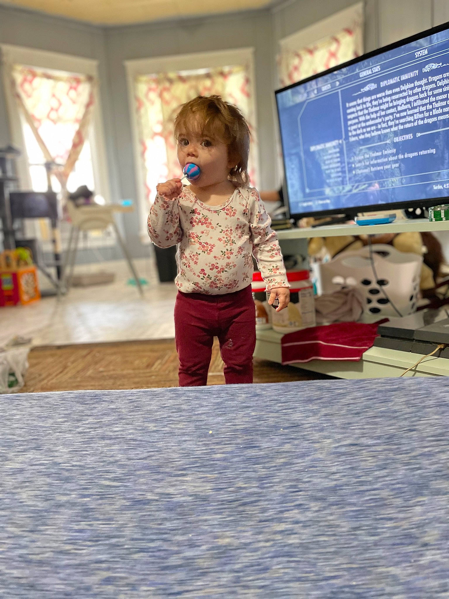 Scarlet joined the competition — help win amazing prizes! child, curtain, event, flooring, fun, lamp, leisure, pattern, person, picture_frame, play, room, sitting, t_shirt, toddler, vacation, visual_arts, window, wood