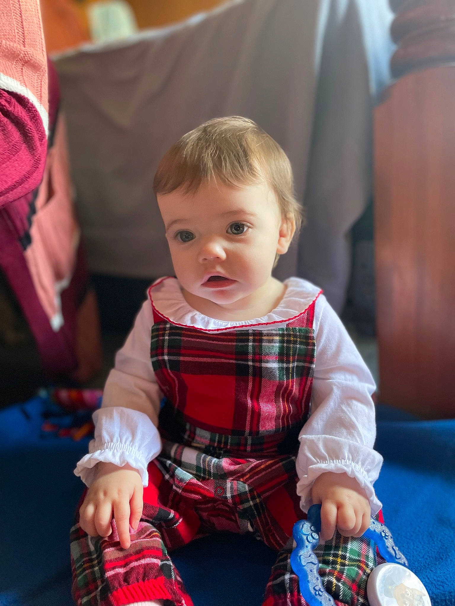 Loralie joined the competition — help win amazing prizes! baby, baby_toddler_clothing, chair, child, electric_blue, event, fun, hand, happy, leisure, pattern, people, person, plaid, red, sitting, skin, tartan, toddler, toy