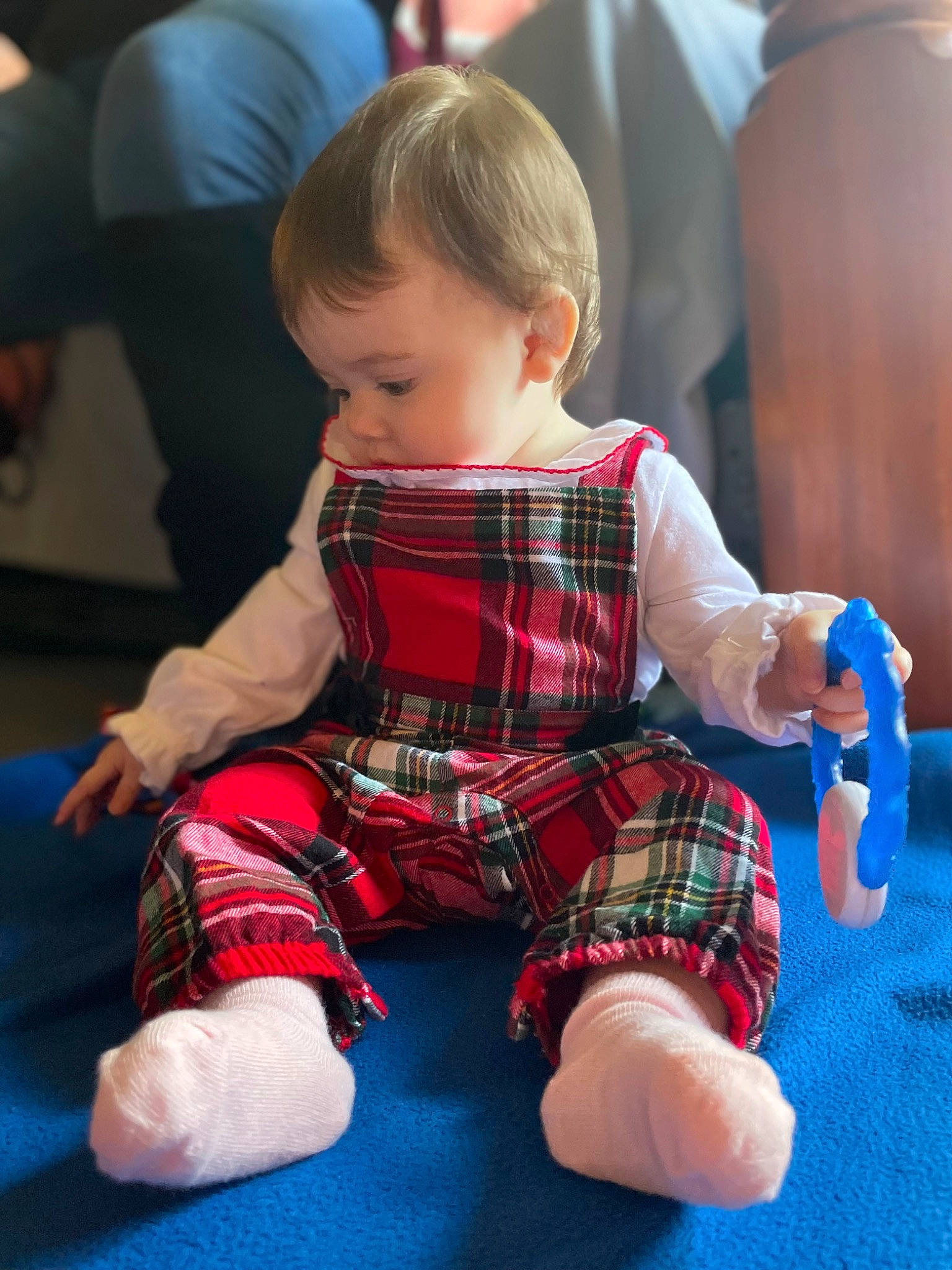 Loralie joined the competition — help win amazing prizes! baby, baby_toddler_clothing, blue, child, event, fun, human_leg, joint, knee, pattern, person, plaid, red, sitting, skin, sleeve, sock, tartan, thigh, toddler