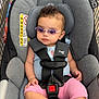 baby, child, car_seat, shopping_cart, sunglasses, pink_pants, blue_top, curly_hair, safety_harness, indoor, retail_store, warning_label, foot, hand, seat_padding, infant, person, cute, fashion, relaxed