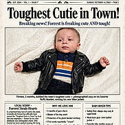 Forrest joined the competition — help win amazing prizes! baby, infant, leather_jacket, blanket, portrait, smile, cute, child, biker, lying_down, young_child, clothing, face, person, photography, indoor, white_background, newspaper_layout, headline, cute_baby