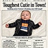 baby, biker, blanket, child, clothing, cute, cute_baby, face, headline, indoor, infant, leather_jacket, lying_down, newspaper_layout, person, photography, portrait, smile, white_background, young_child