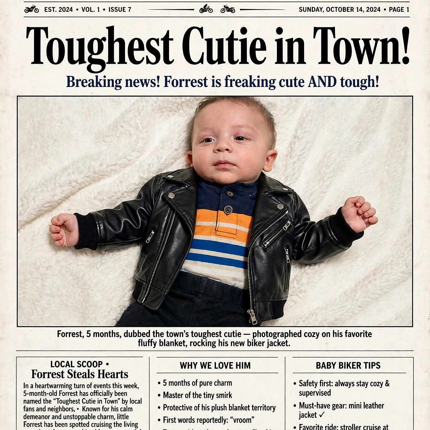 Forrest joined the competition — help win amazing prizes! baby, infant, leather_jacket, blanket, portrait, smile, cute, child, biker, lying_down, young_child, clothing, face, person, photography, indoor, white_background, newspaper_layout, headline, cute_baby