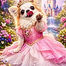 Lady a rejoint le concours — aidez-le/la à gagner de superbes lots ! dog, princess, dress, tiara, pink, flower_garden, castle, waterfall, butterfly, cute, fantasy, sparkle, paw, tongue, outdoor, nature, whimsical, adorable, portrait, costume