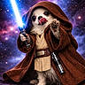 Lady participe au concours pour gagner de l'argent avec cette photo : dog, chihuahua, costume, jedi, lightsaber, star_wars, robe, space_background, cute, pet, animal, tongue_out, fantasy, cosmic, furry, small_dog, portrait, adventure, character, playful