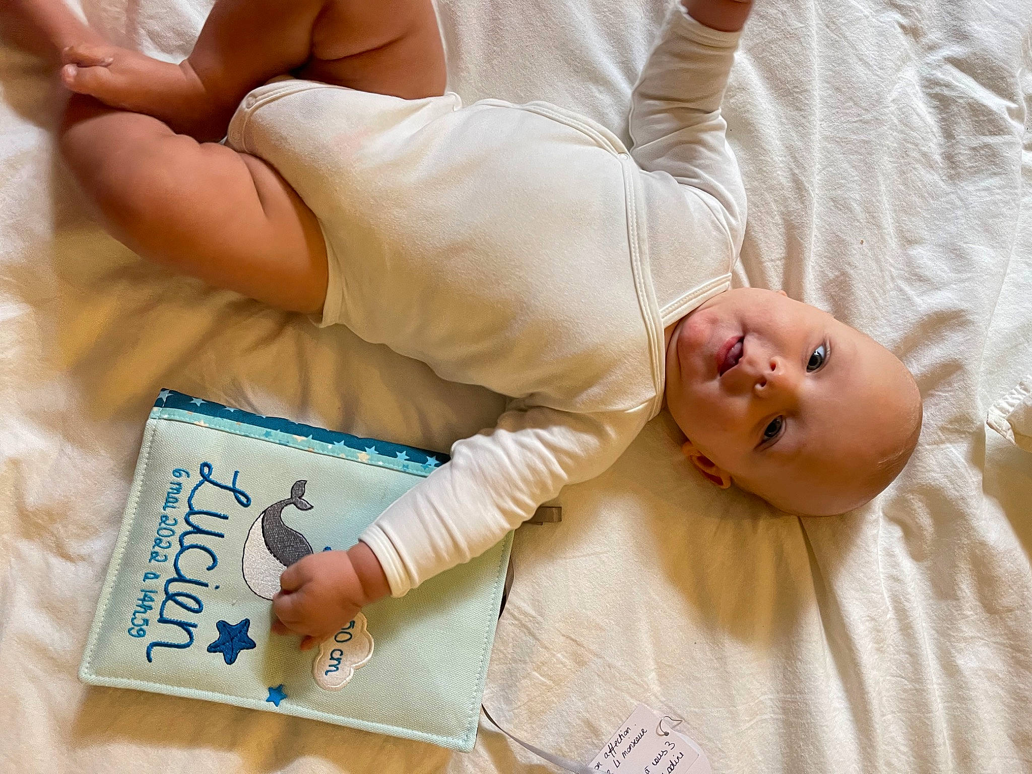 Lucien participe au concours pour gagner de l'argent avec cette photo : abdomen, baby_toddler_clothing, child, comfort, elbow, finger, flooring, font, gesture, happy, human_leg, joint, knee, linens, person, sleeve, t_shirt, textile, thigh, toddler