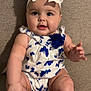 Emma is registered to the contest to win money with this photo: baby, child, infant, bow, headband, blue_butterflies, white_outfit, couch, beige, drool, cute, sitting, chubby_arms, legs, indoors, portrait, happy, curious, closeup, soft_lighting