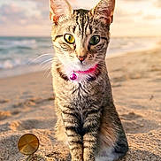 Mark joined the competition — help win amazing prizes! animal, beach, bell, cat, closeup, collar, compass, curious, feline, heterochromia, nature, outdoor, pear_shaped_object, pet, portrait, sand, seaside, sunlight, sunset, tabby