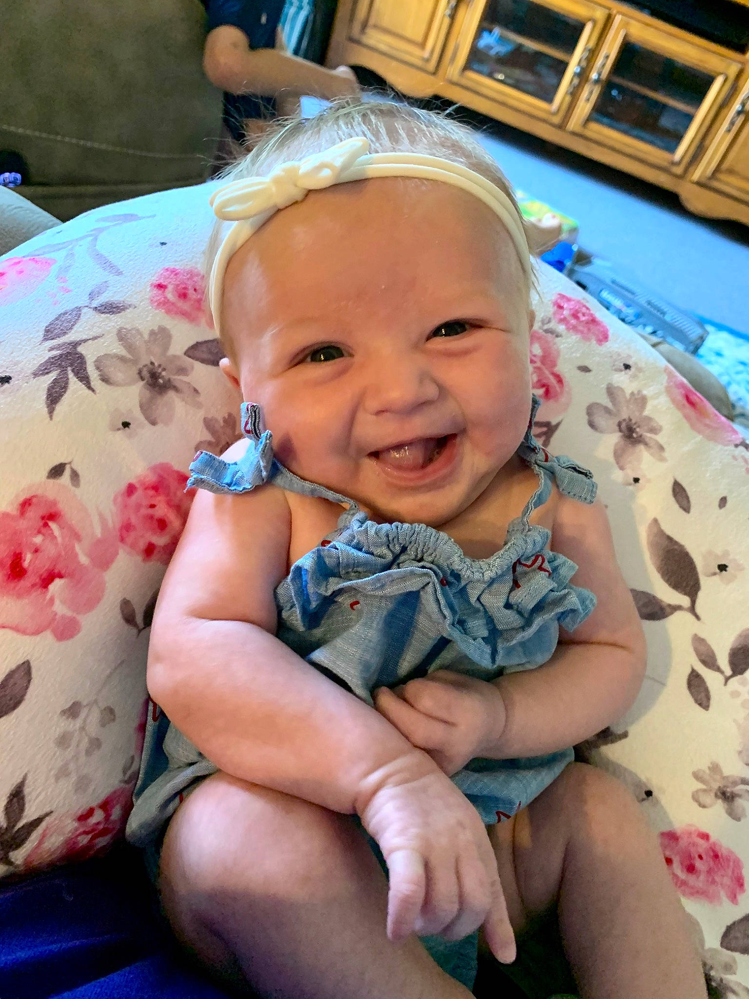 Braelyn joined the competition — help win amazing prizes! baby, baby_laughing, baby_toddler_clothing, blond, blue, cheek, child, eye, finger, fun, happy, head, iris, leisure, mouth, person, pink, skin, smile, thigh