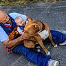 Jesse joined the competition — help win amazing prizes! man, baby, dog, outdoor, pavement, playful, happy, casual_clothing, sneakers, grass, sunlight, pet, family, smile, interaction, sitting, joy, friendship, head, person
