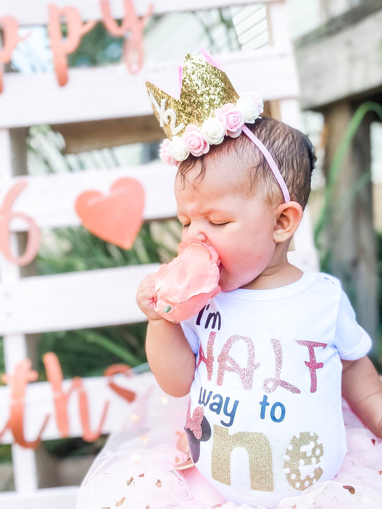 Kameryn joined the competition — help win amazing prizes! baby, baby_toddler_clothing, birthday, child, crown, ear, fashion_accessory, hair_accessory, happy, headband, headgear, headpiece, party, party_hat, person, photograph, pink, toddler, yellow