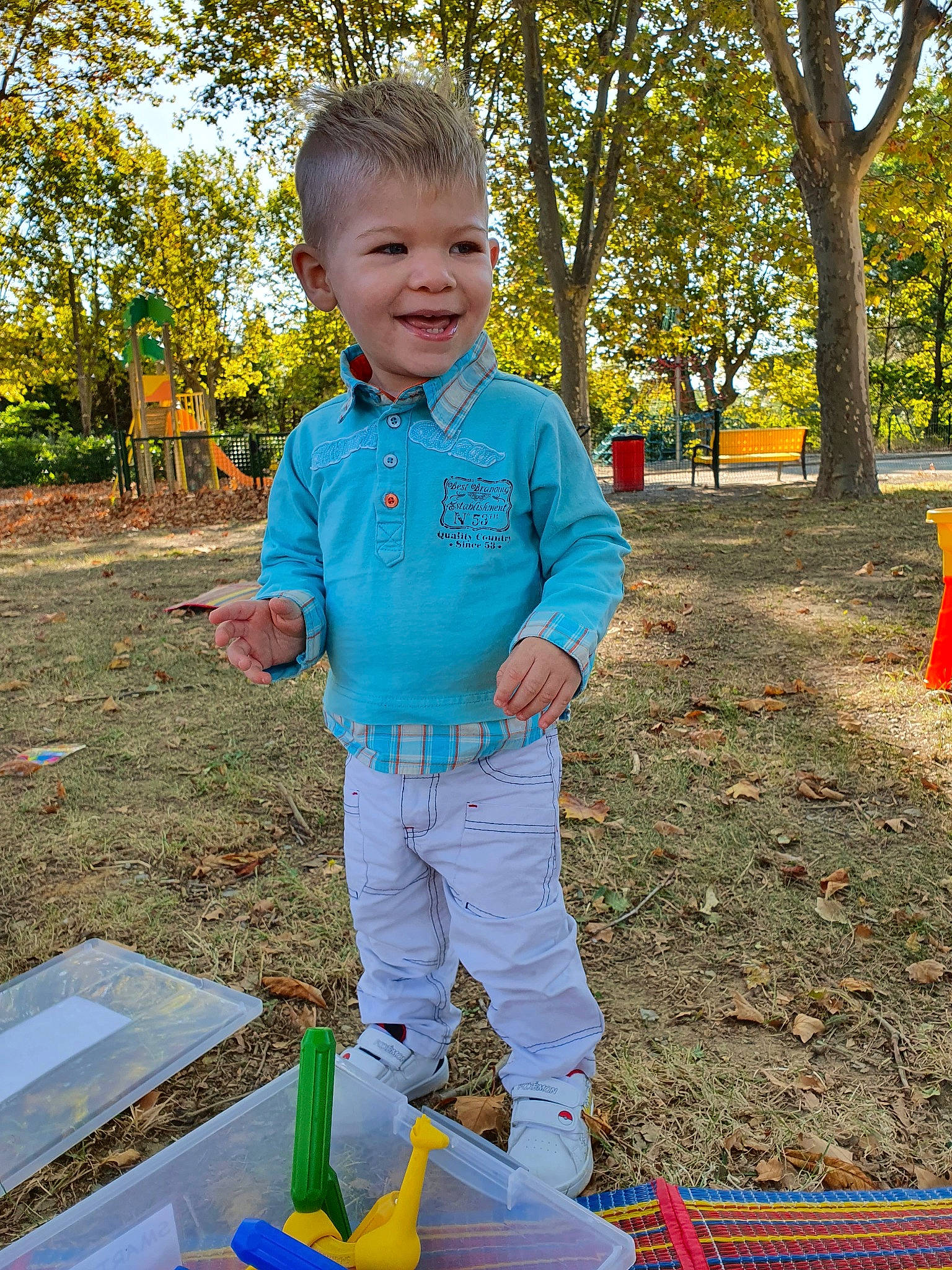 Mathys participe au concours pour gagner de l'argent avec cette photo : autumn, child, grass, joy, leaf, person, play, recreation, toddler, tree, yellow