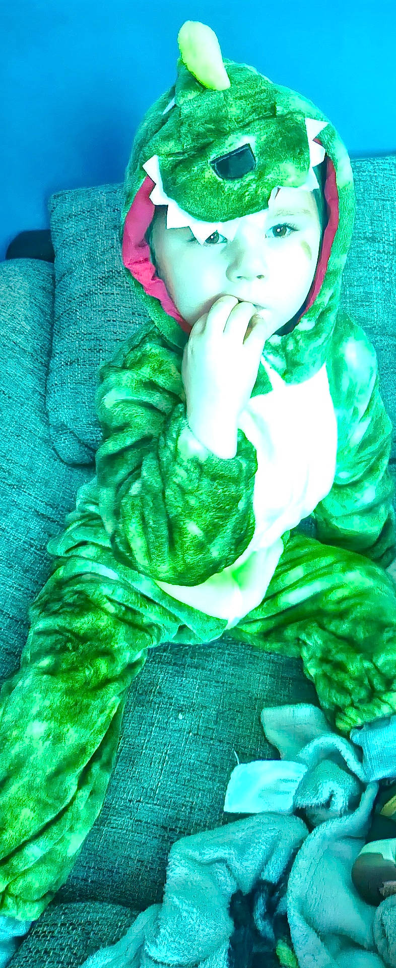 baby, blanket, child, costume, couch, cozy, cute, dinosaur_costume, face, fingers, green, headwear, home, indoor, person, plush, portrait, seated, soft_texture, young
