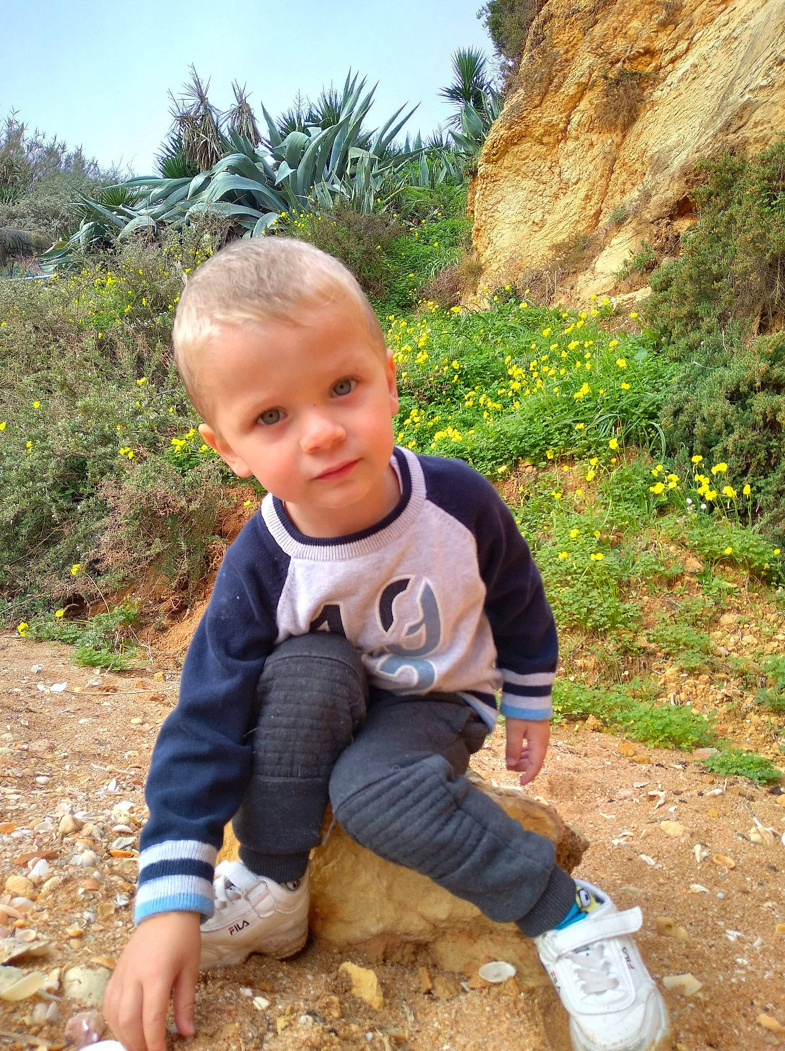 Noah a rejoint le concours — aidez-le/la à gagner de superbes lots ! baby_toddler_clothing, child, electric_blue, fun, grass, grass_family, happy, landscape, leisure, palm_tree, people_in_nature, person, plant, play, sand, sitting, sky, soil, toddler, tree