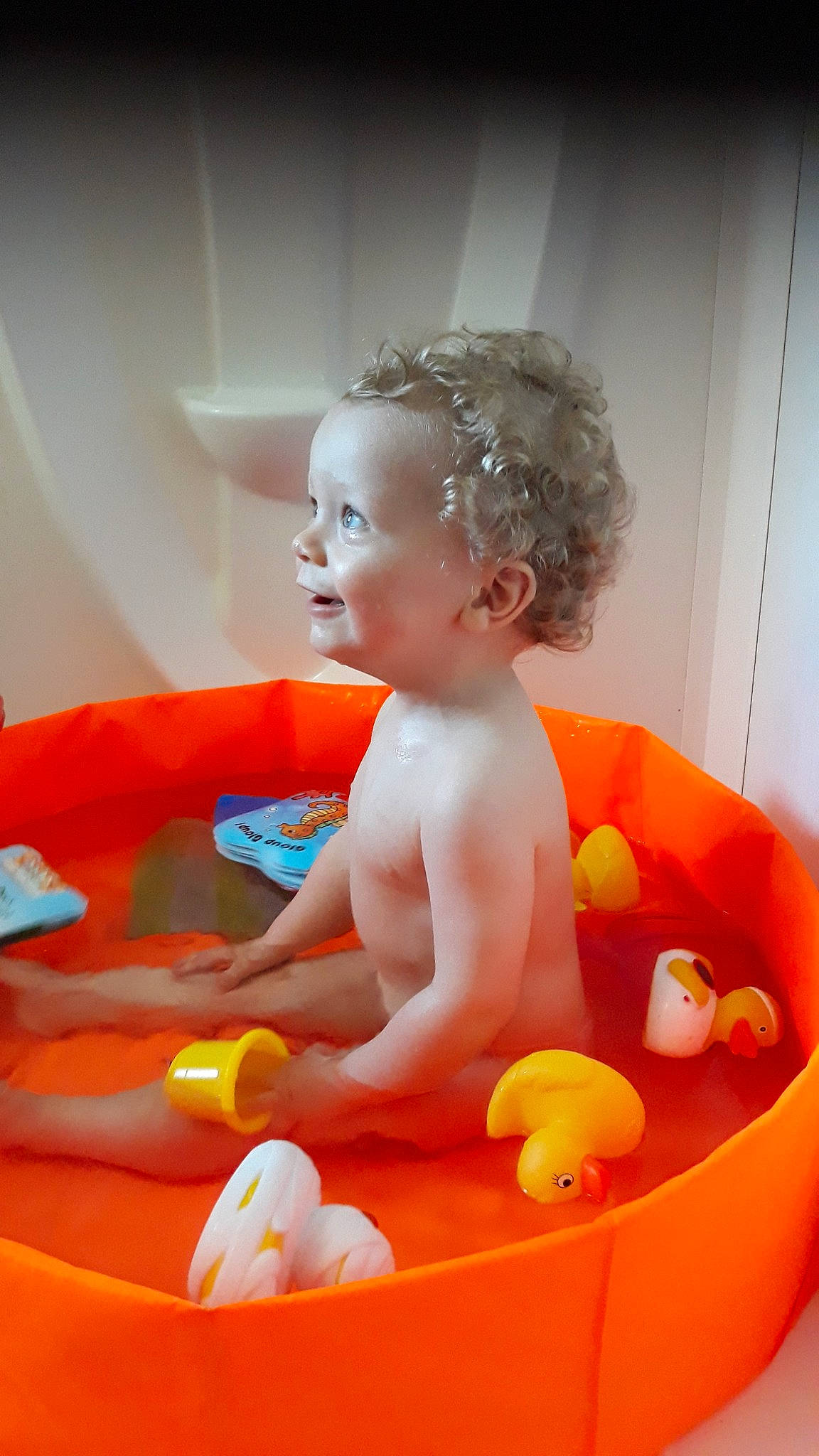 Noah participe au concours pour gagner de l'argent avec cette photo : baby, baby_bathing, baby_toys, bath_toy, bathing, bathtub, child, fun, leisure, orange, person, play, toddler, toy, washing