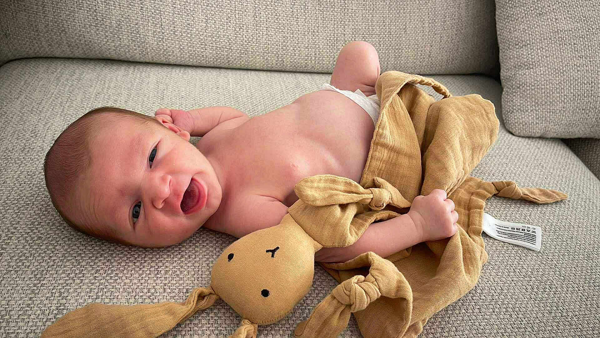Malone a rejoint le concours — aidez-le/la à gagner de superbes lots ! baby, newborn, infant, smiling, plush_toy, bunny, couch, fabric, texture, child, happy, cute, skin, hand, lying_down, indoors, soft_toy, comfort, relaxed, small