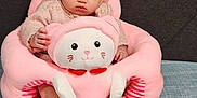 Celine is registered to the contest to win money with this photo: baby, child, pink, plush_chair, cat_shape, soft_toys, cozy_clothing, hat, indoors, feet, cute, adorable, sitting, portrait, expression, face, furniture, background, comfort, infant