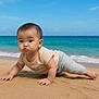 Celine is registered to the contest to win money with this photo: baby, child, beach, sand, ocean, sky, crawling, cute, pout, outdoor, water, summer, infant, funny_face, blue_sky, natural_light, barefoot, short_sleeves, pants, holiday