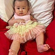 Celine joined the competition — help win amazing prizes! baby, child, clothing, cushion, cute, dress, eyes, face, feet, frilly, indoors, infant, person, pink, portrait, red, sitting, tulle, white, yellow