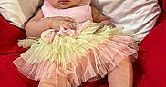 Celine joined the competition — help win amazing prizes! baby, child, clothing, cushion, cute, dress, eyes, face, feet, frilly, indoors, infant, person, pink, portrait, red, sitting, tulle, white, yellow