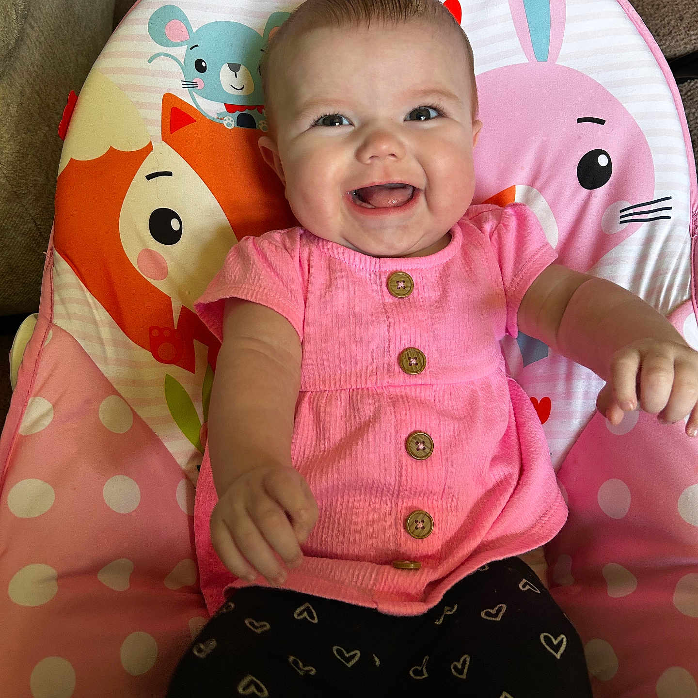 Alayia joined the competition — help win amazing prizes! adorable, animal_illustrations, baby, baby_chair, cheerful, child, clothing, colorful, cute, fun, happy, heart_pattern, indoors, infant, pink_dress, playful, portrait, sitting, smiling, young_child
