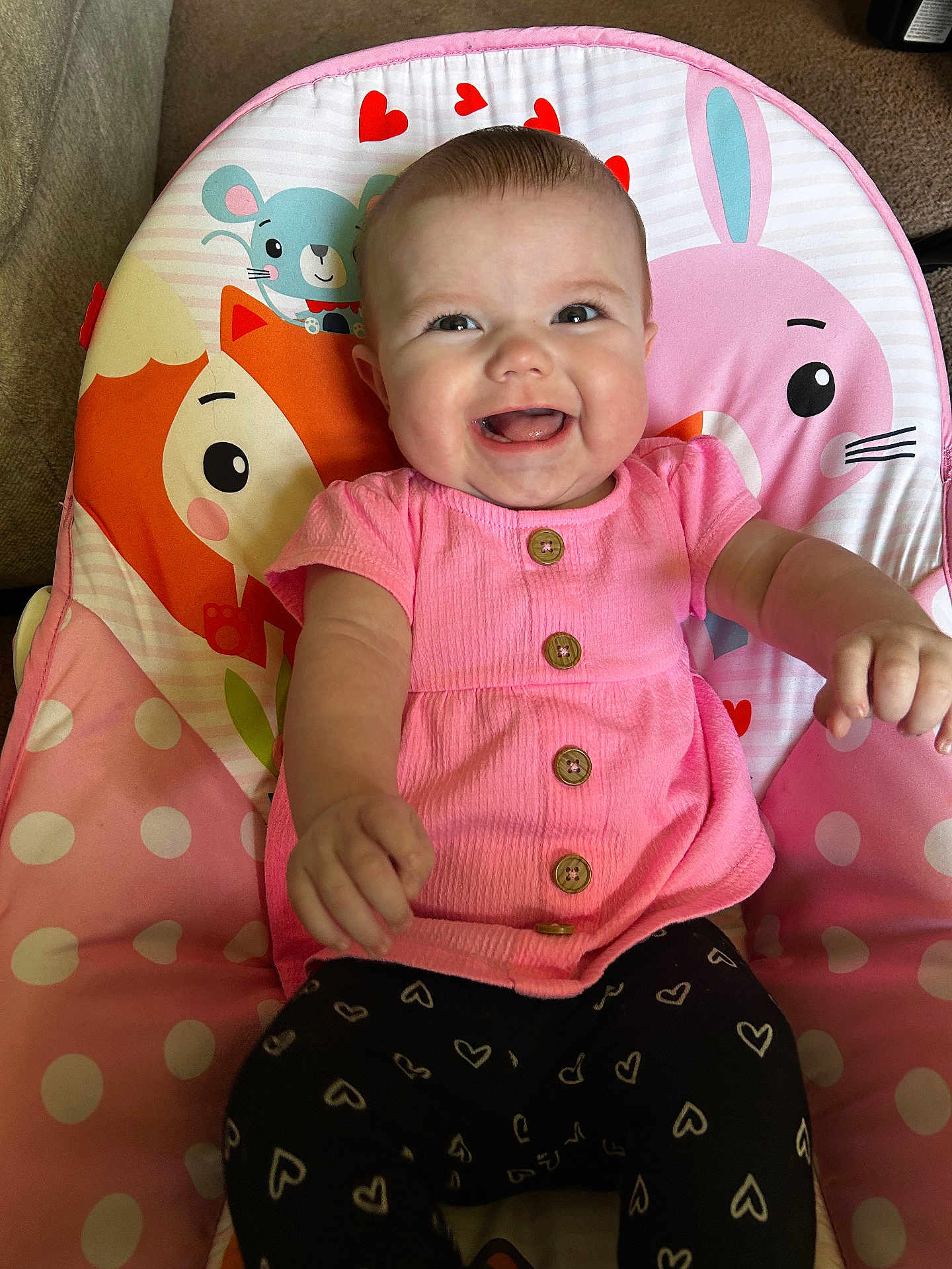 Alayia joined the competition — help win amazing prizes! adorable, animal_illustrations, baby, baby_chair, cheerful, child, clothing, colorful, cute, fun, happy, heart_pattern, indoors, infant, pink_dress, playful, portrait, sitting, smiling, young_child